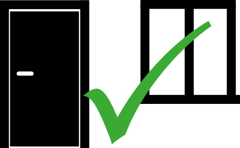 Bild zeigt eine geschlossene Tür und ein geschlossenes Fenster als schwarze Grafik mit einem grünen Haken als Zeichen, dass das richtig ist sie zu schließen