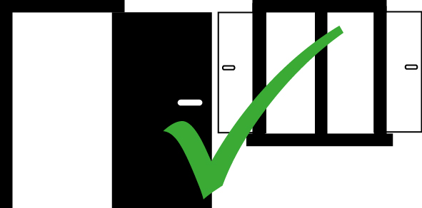 Bild zeigt eine offene Tür und ein offenes Fenster als schwarze Grafik mit einem grünen Haken als Zeichen, dass das richtig ist sie zu öffnen
