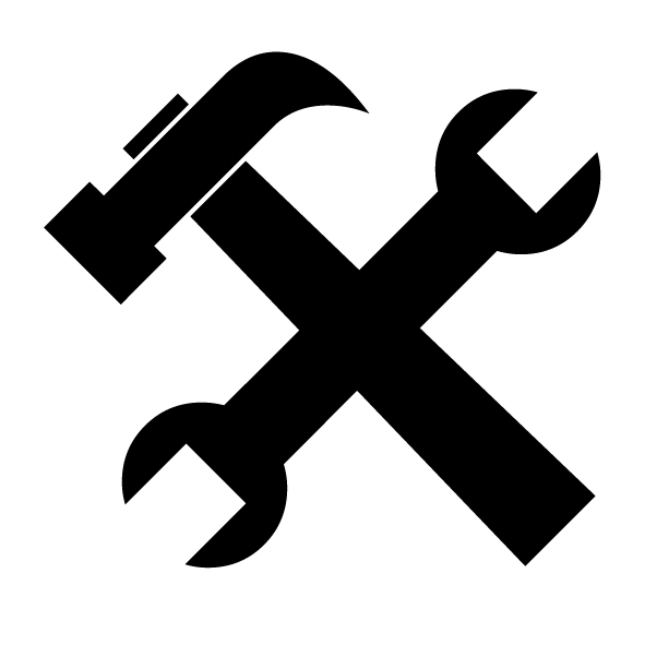 Bild zeigt einen Hammer und einen Schraubenschlüssel, die sich kreuzen, in schwarz