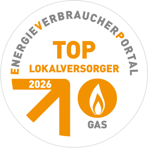 Bild zeigt das Siegel für die Auszeichung "Top Lokalversorger" vom EnergieVerbraucherPortal für Gas für 2026