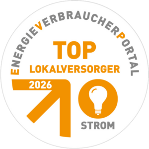 Bild zeigt das Siegel für die Auszeichung "Top Lokalversorger" vom EnergieVerbraucherPortal für Strom für 2026