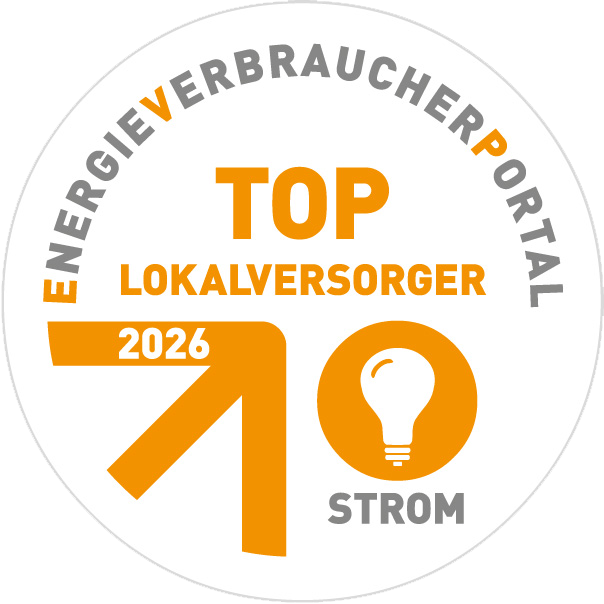 Bild zeigt das Siegel für die Auszeichung "Top Lokalversorger" vom EnergieVerbraucherPortal für Strom für 2026