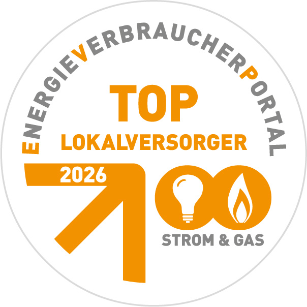 Bild zeigt das Siegel für die Auszeichung "Top Lokalversorger" vom EnergieVerbraucherPortal für Strom und Gas für 2026