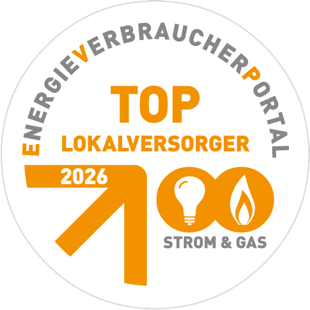 Bild zeigt das Siegel für die Auszeichung "Top Lokalversorger" vom EnergieVerbraucherPortal für Strom und Gas für 2026