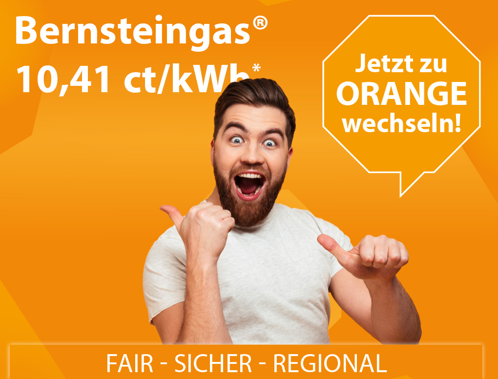 Bernsteingas® für nur 10,41 ct/kWh steht auf dem Bild und "Jetzt zu Orange wechseln!" Von einem begeisterten Mann gesprochen.