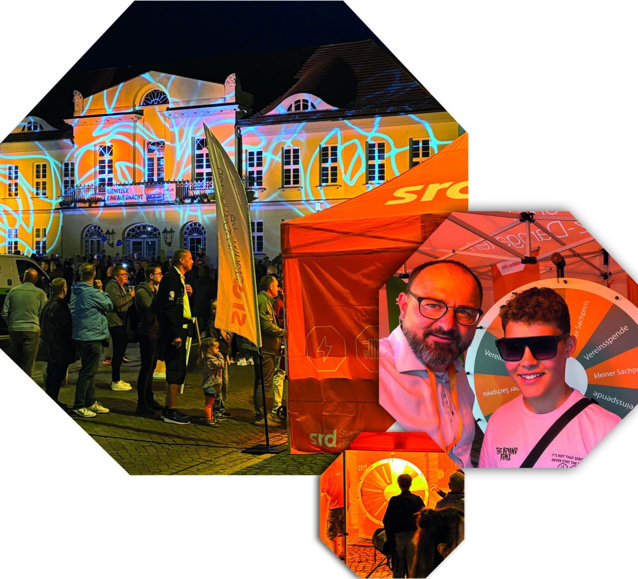 3 Bilder von der Ribnitzer Einkaufsnacht, mit Glücksrad und dem orangen Pavillion der Stadtwerke Ribnitz-Damgarten.