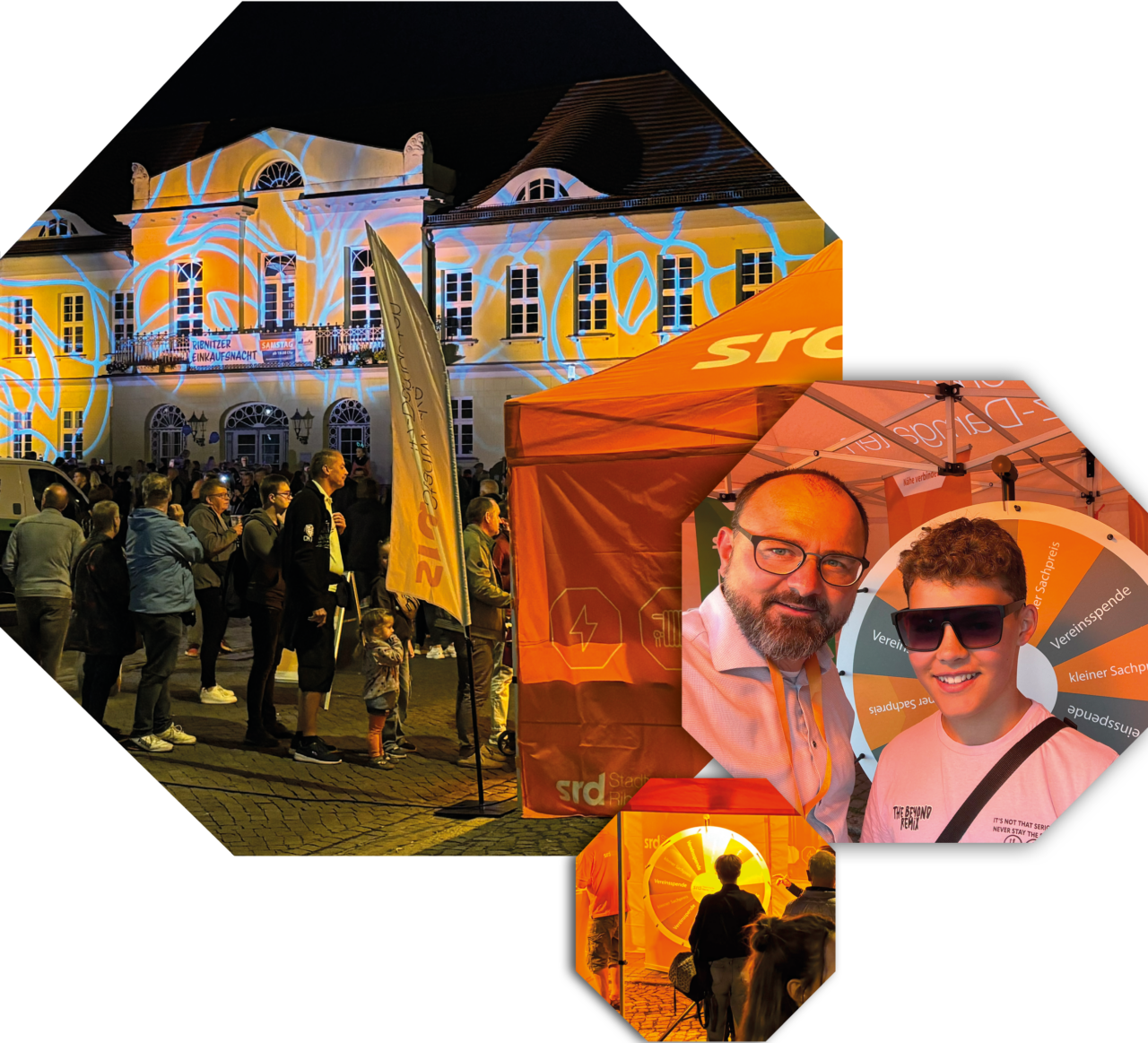 3 Bilder von der Ribnitzer Einkaufsnacht, mit Glücksrad und dem orangen Pavillion der Stadtwerke Ribnitz-Damgarten.