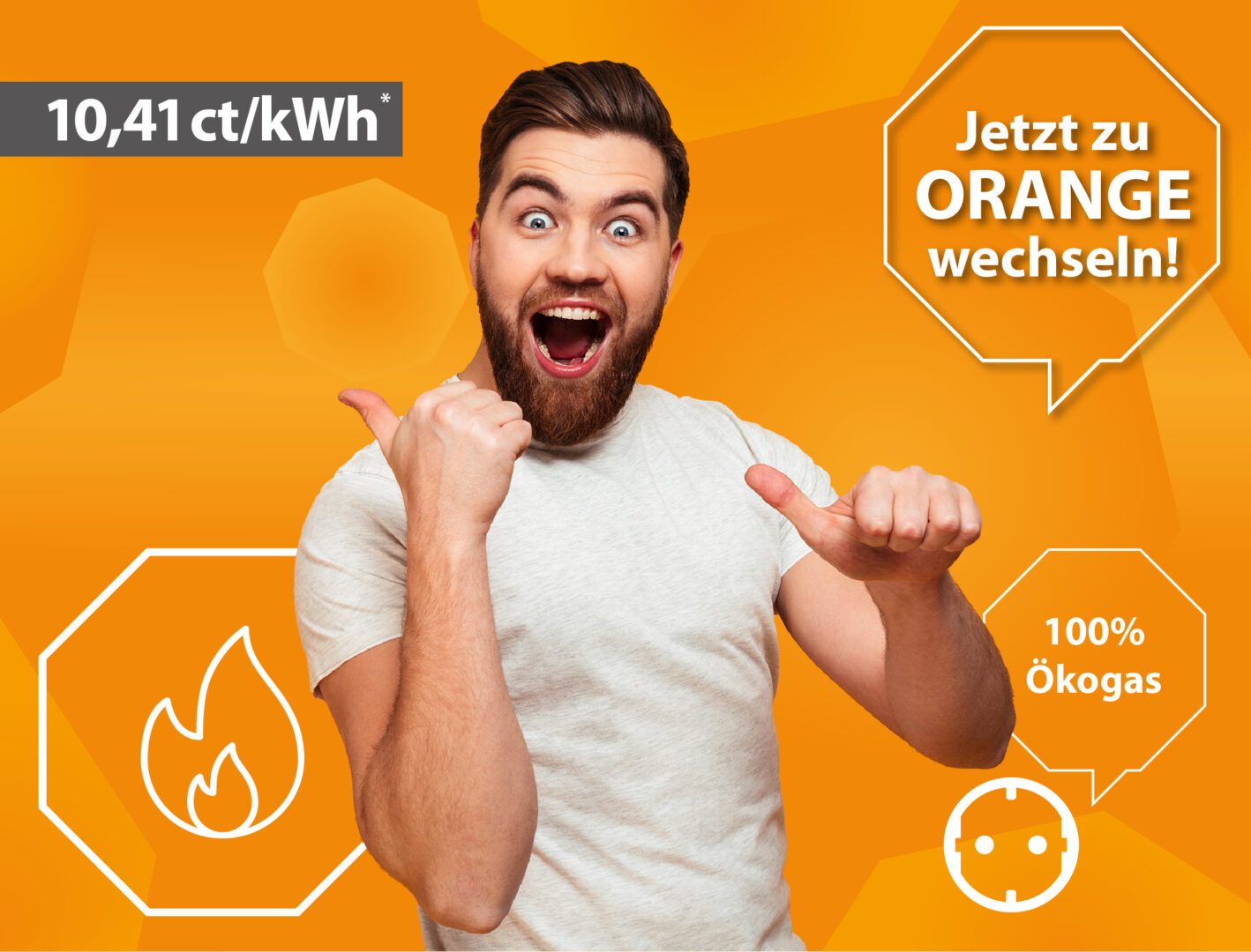 Bernsteingas-Werbe-Bild mit der Aufschrift: Jetzt zu Orange wechseln! 10,41 ct pro Kilowattstunde.