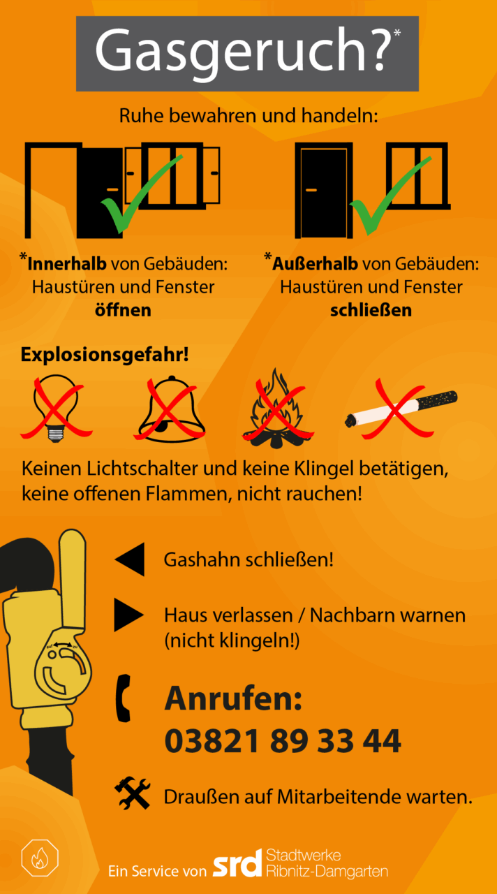 Gasgeruch? Ruhe bewahren! Innerhalb von Gebäuden: Haustüren und Fenster öffnen Außerhalb von Gebäuden: Haustüren und Fenster schließen Keinen Lichtschalter und keine Klingel betätigen, keine offenen Flammen, nicht rauchen! Gashahn schließen! Haus verlassen / Nachbarn warnen (nicht klingeln!) Anrufen: 03821 89 33 44 Draußen auf Mitarbeitende warten. Ein Service von den Stadtwerken Ribnitz-Damgarten