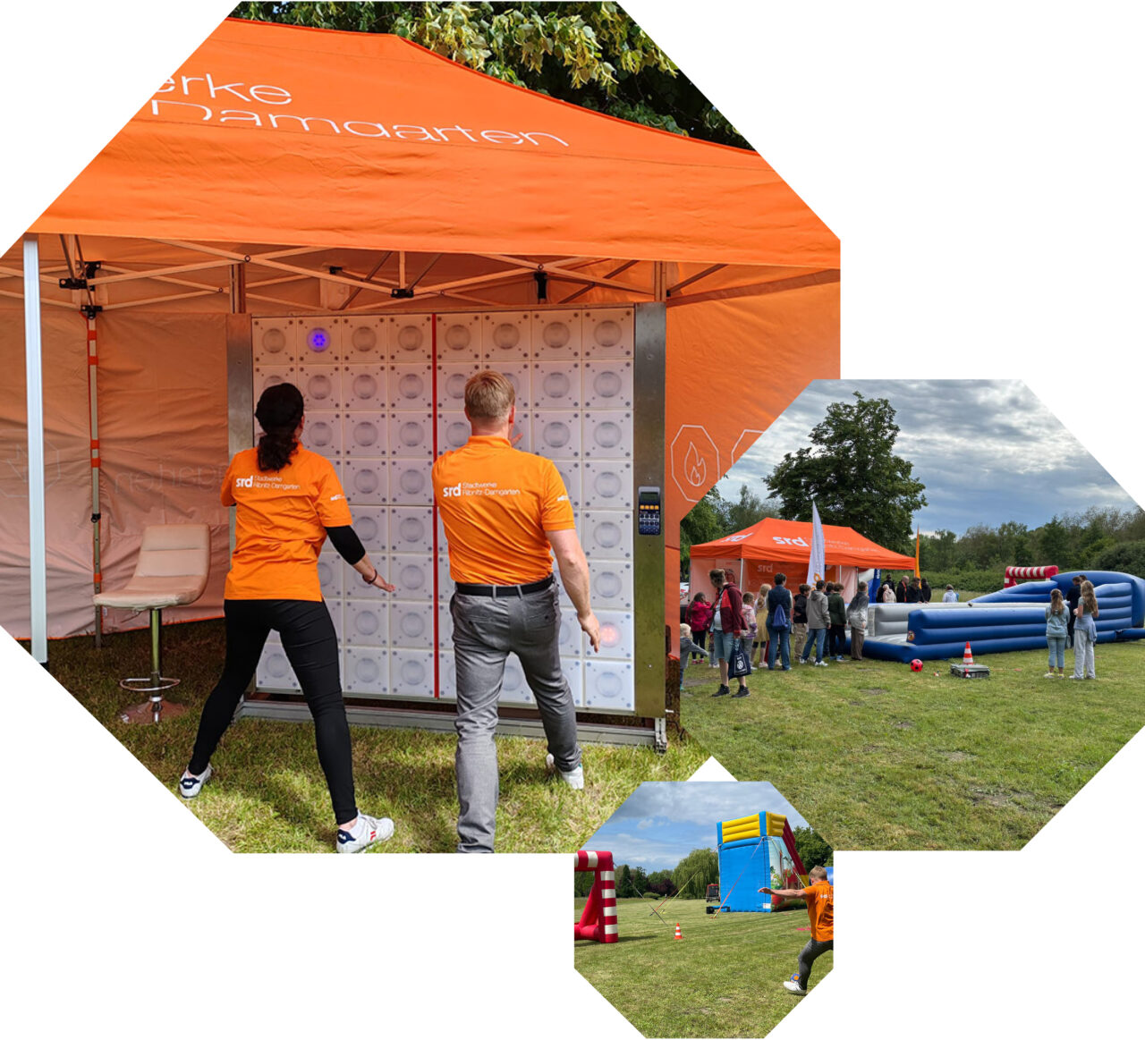 3 Bilder in Oktagonform: Kinderfest auf den Klosterwiesen in Ribnitz mit orangem Pavillon, Mitarbeitenden der Stadtwerke Ribnitz-Damgarten, die mit Kindern Spaß bei der Reaktionswand, beim Bungeeflip und beim Fußball haben.