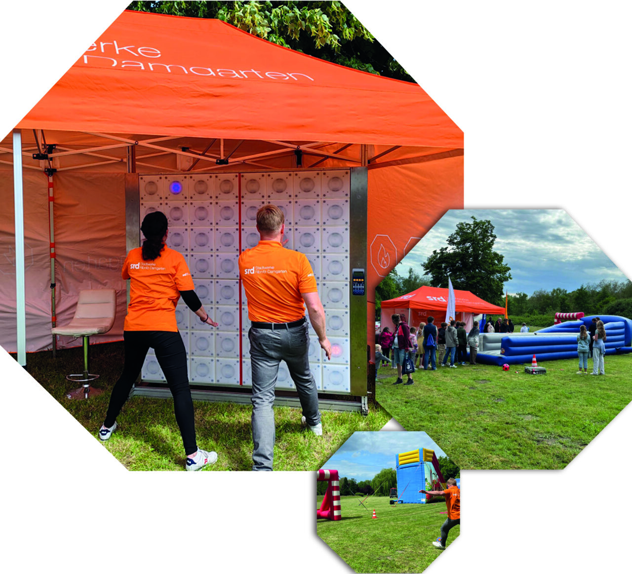 3 Bilder von Ribnitzer Kinderfesten auf der Klosterwiese. Einmal mit Reaktionswand, einmal mit Bungeeflip und einmal mit Fußballtor.