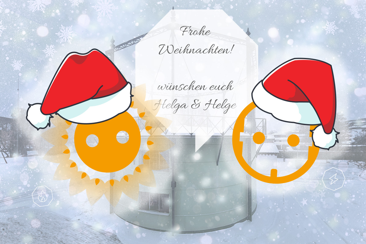 Gasflamme Helga und Stromsteckdose Helge wünschen frohe Weihnachten - Pictogramme auf verschneitem Bild.