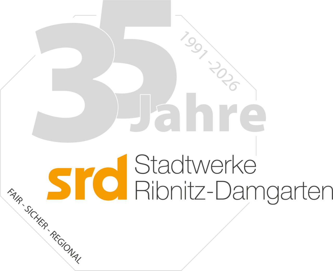 Bild zeigt Schriftzüge als Logo gestaltet: 1991-2026, 35 Jahre Stadtwerke Ribnitz-Damgarten, FAIER - SICHER - REGIONAL.