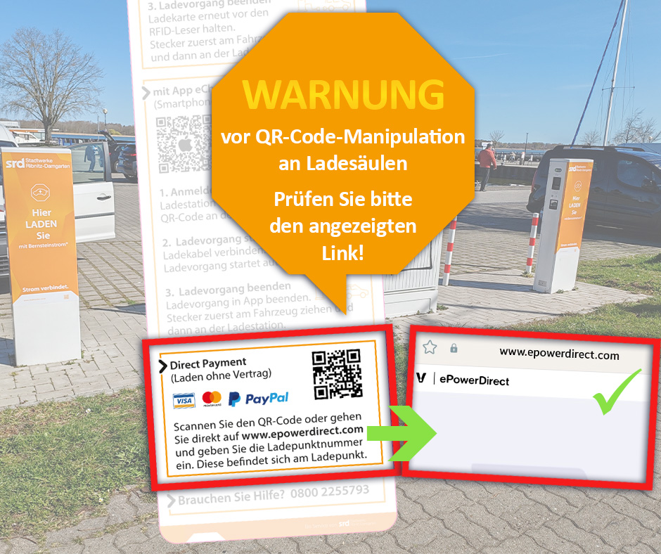 Bild zeigt Aufkleber von unseren Ladesäulen mit QR-Code und was er bei Einscannen zeigen soll, nämlich die URL www.epowerdirect.com. Nur dieser Link ist korrekt.