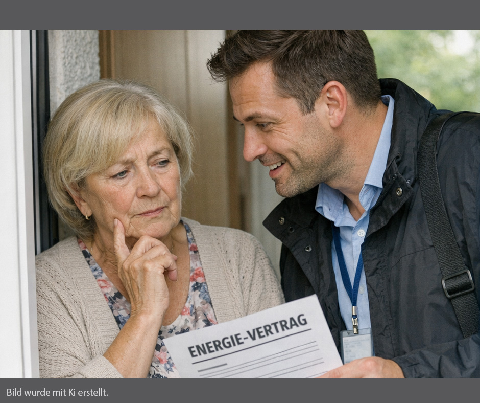 Bild zeigt einen Mann, der bei einer Dame an der Haustür einen Vertrag zur Unterschrift erzwingen will.