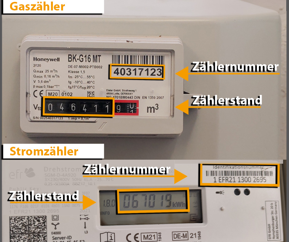 Bild zeigt einen Gaszähler und einen Stromzähler, wo die Zählernummer und der Zählerstand zu finden ist