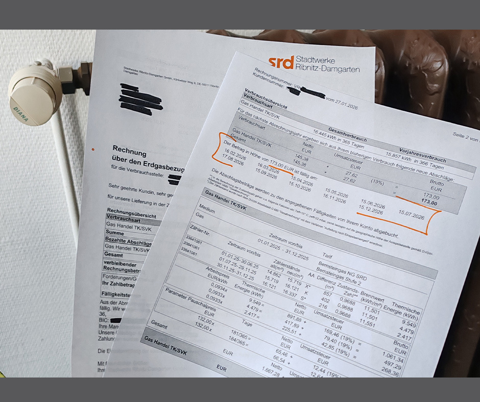 Bild zeigt einer unserer Rechnungen. Es ist hier markiert, wo der neue Abschlag und die Fälligkeitstermine zu finden sind.