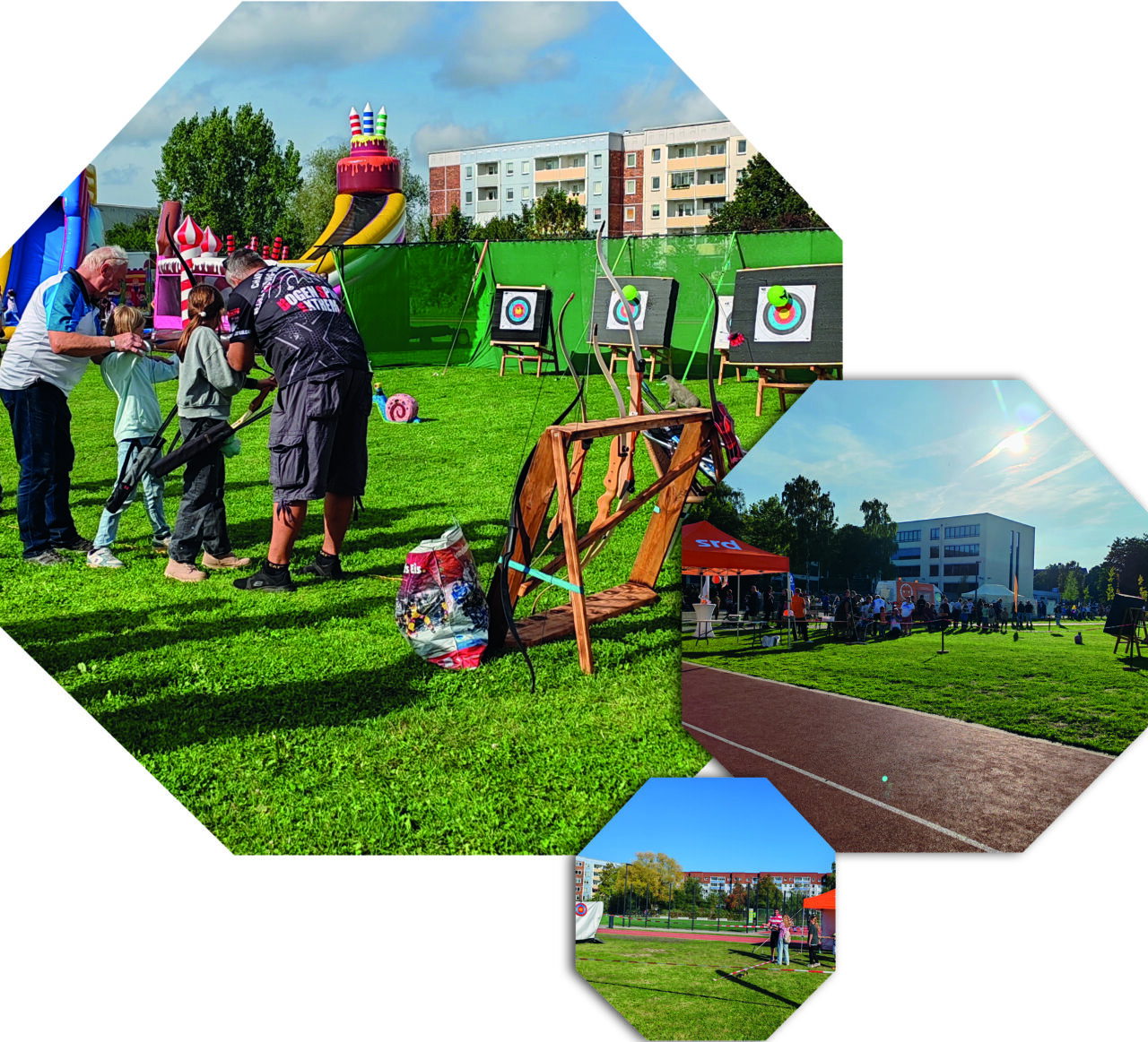 3 Bilder vom Bogenschießen mit den Schützen Falken Gresenhorst auf dem Campus der Bernsteinschule.