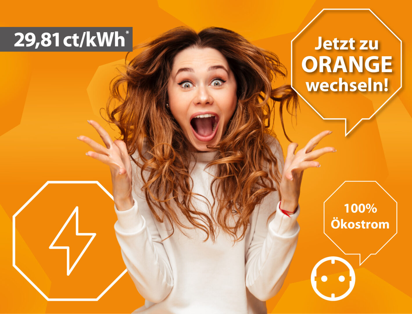 Bernsteinstrom-Werbe-Bild mit der Aufschrift: Jetzt zu Orange wechseln! 29,81 ct pro Kilowattstunde.