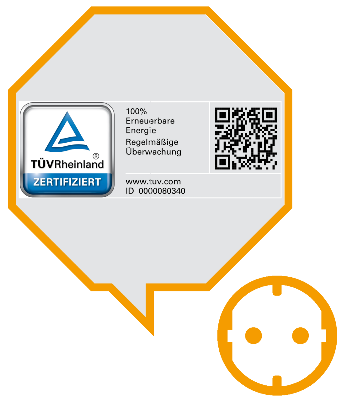 Bernsteinstrom Tüv-Geprüft - Bild zeigt eine Sprechblase mit TÜV-Siegel und das Helge-Icon, das zu uns spricht. Beides im srd-Orange.